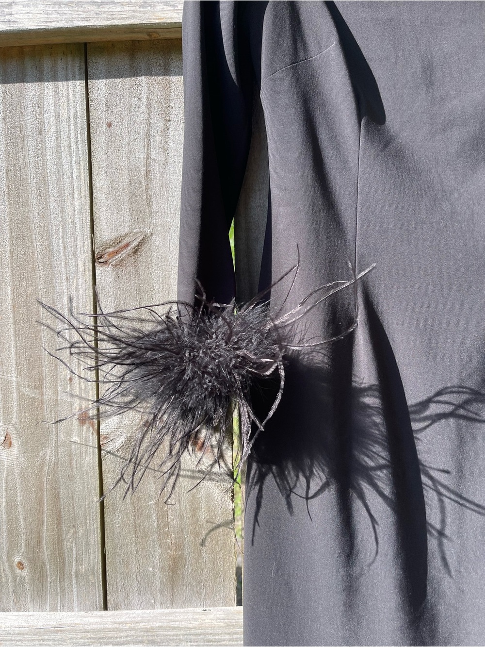 Black Long-Sleeve Sheer Shoulder Dress with Feather Cuffs Sz 12 - Picture 3 of 10